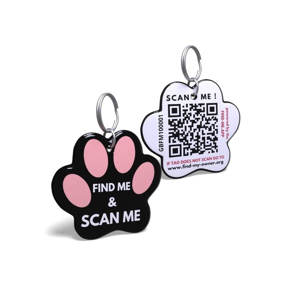 Pink On Black Paw QR Pet ID tags