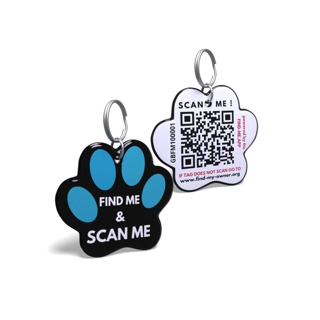 Blue On Black Paw QR Code Pet Tags